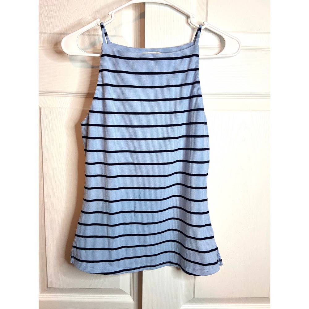 Nine Britton Blue Navy Striped Ribbed Tank High Square Neck Sleeveless